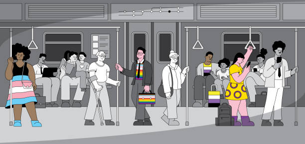 lgbtqia people in metro - progress pride flag 幅插畫檔、美工圖案、卡通及圖標