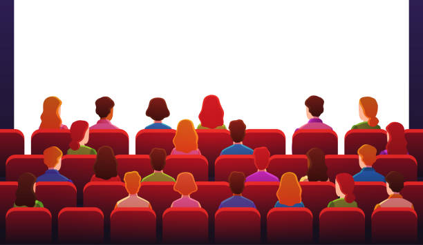 People in movie theater. Guys watch sitting on red chairs in front of white screen in movie hall. Entertainment and cinema vector background People in movie theater. Guys watch sitting on red chairs in front of white screen in movie hall. Human crowd watching entertainment and cinema vector background audience stock illustrations