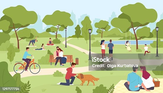 istock People in park. Happy men and women, city summer or spring park walking, group yoga class outdoor, nature romantic dates, children play, riding bicycle vector colorful cartoon concept 1297177754