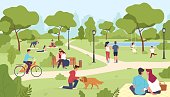 People in park. Happy men and women sitting on bench, city summer or spring park walking, group yoga class outdoor, nature romantic dates, children play, riding bicycle vector colorful cartoon concept
