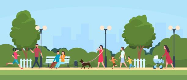 People in park. Persons leisure and sport activities outdoor. Cartoon family and kids characters in summer park vector illustration People in park. Persons leisure and sport activities outdoor. Cartoon family and kids characters in summer active park vector illustration park stock illustrations
