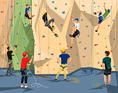 People character in sportswear with rope training on climbing rock wall. Extreme sportsmen and sportswomen. Tough and healthy discipline. Adventure park. Vector cartoon flat illustration