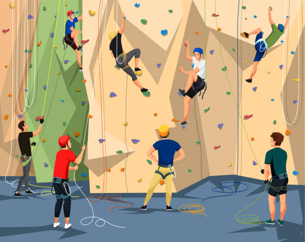 illustrazioni stock, clip art, cartoni animati e icone di tendenza di persone in allenamento di abbigliamento sportivo sulla parete da arrampicata - climbing