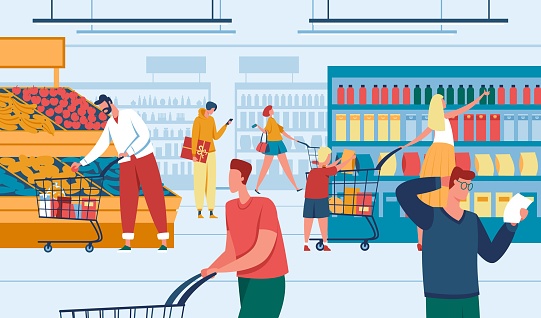 People in store. Men and women shopping at supermarket. Customers purchasing products. Grocery store, retail shop with consumers vector illustration