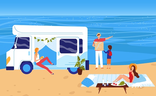 People in summer sea beach camping vacation vector illustration, cartoon flat family travels on trailer caravan camper van