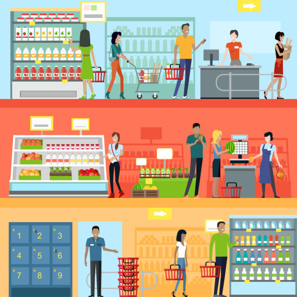 illustrazioni stock, clip art, cartoni animati e icone di tendenza di persone in supermercato interior design - supermercato