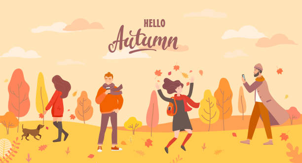 illustrations, cliparts, dessins animés et icônes de les gens dans le parc d'automne dans des situations différentes. - marcher foret