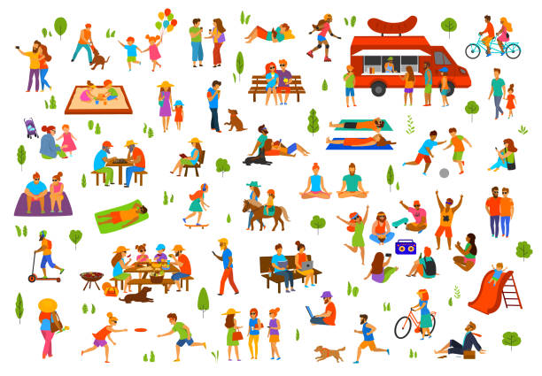 ilustrações de stock, clip art, desenhos animados e ícones de people in the park collection. man woman couples family children friends group seniors walking relaxing sit on benches work on laptops, read books, exercise, on picnic, party, dance, play ball, lying sunbathing ride bike, - picnic
