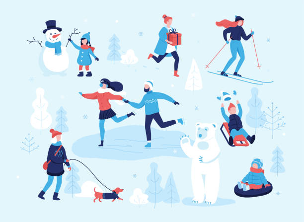 stockillustraties, clipart, cartoons en iconen met mensen in het park met fun en winteractiviteiten, skiën, schaatsen, wandelen met de hond, kind maken een sneeuwpop, rodelen op de berghelling kinderen meisje. koppel op skate ijsbaan. winter stemming platte concept - wintersport