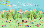 istock People in the park. Vector illustration of people having a rest on a picnic in nature. Drawing by hand active family weekend in the forest by the lake with a barbecue, children's games, walks.Top view 1144725219
