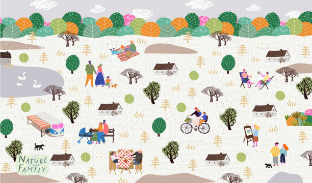 People in the park. Vector illustration of people having a rest on a picnic in nature. Drawing by hand active family weekend in the forest by the lake with a barbecue,  walks.Top view People in the park. Vector illustration of people having a rest on a picnic in nature. Drawing by hand active family weekend in the forest by the lake with a barbecue,  walks.Top view cycling backgrounds stock illustrations