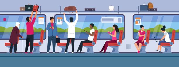 火車上的人公共交通內部有不同的男女卡通人物。在地鐵平面橫幅的向量人 - 乘客 幅插畫檔、美工圖案、卡通及圖標