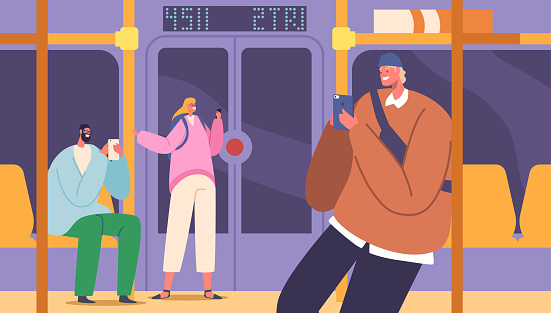 People in Underground Train. City Dwellers in Metro, Subway Tube. Men and Women Passengers in Public Transport. Male and Female Characters Using Rapid Transit. Cartoon Vector Illustration