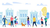 People Lifestyle in City. Men and Woman Walking, Communicating, Using Gadgets, Meeting Friends Walk with Dogs, Talking, Relaxing on Urban Cityscape Background. Cartoon Flat Vector Illustration.