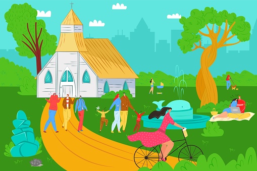 People lifestyle in park, vector illustration, flat young man woman character walk outdoor, summer nature with church building design.