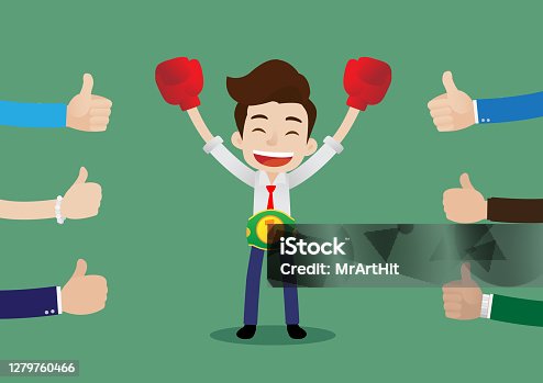 istock People like and give a thumbs up to businessman in boxing gloves wearing championship belt, Cartoon vector 1279760466