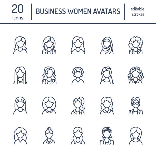 People line icons, business woman avatars. Outline symbols of female professions, secretary, manager, teacher, student. Young girls thin linear signs People line icons, business woman avatars. Outline symbols of female professions, secretary, manager, teacher, student. Young girls thin linear signs. women icons stock illustrations