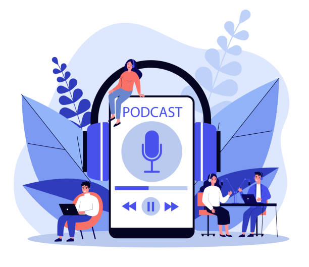 ilustrações, clipart, desenhos animados e ícones de pessoas ouvindo alto-falantes da estação de radiodifusão - podcast