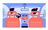 People listening to music while travelling by car. View from backseat of couple on passenger and driver seats inside car interior. Vector illustration for transportation, vehicle, trip concept