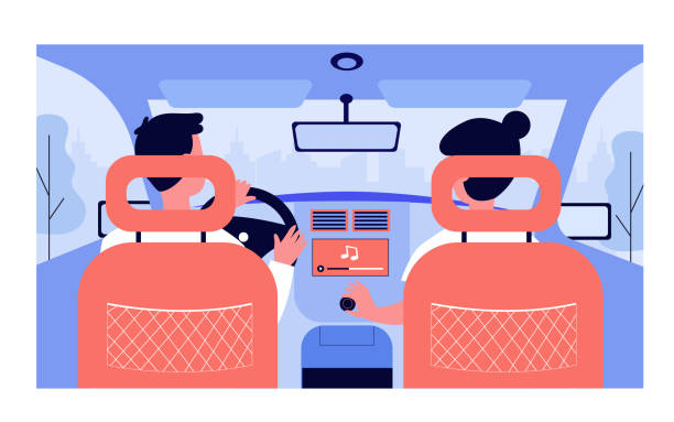 People listening to music while travelling by car People listening to music while travelling by car. View from backseat of couple on passenger and driver seats inside car interior. Vector illustration for transportation, vehicle, trip concept driving stock illustrations