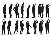 Vector illustration of seventeen different people looking up into the air.