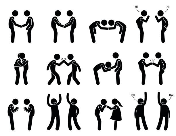People Meeting and Greeting Gestures Etiquette. Artwork depicts people handshake, holding hand, bowing, fist bump, hugging, kissing hand, namaste, and saying good bye. namaste greeting stock illustrations