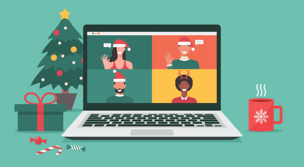 people meeting online together via video conference on a laptop on Christmas holiday people meeting online together via video conference on a laptop to virtual discussion on Christmas holiday and decorate with Christmas tree, gift, candy, and cup, vector illustration virtual reality illustrations stock illustrations