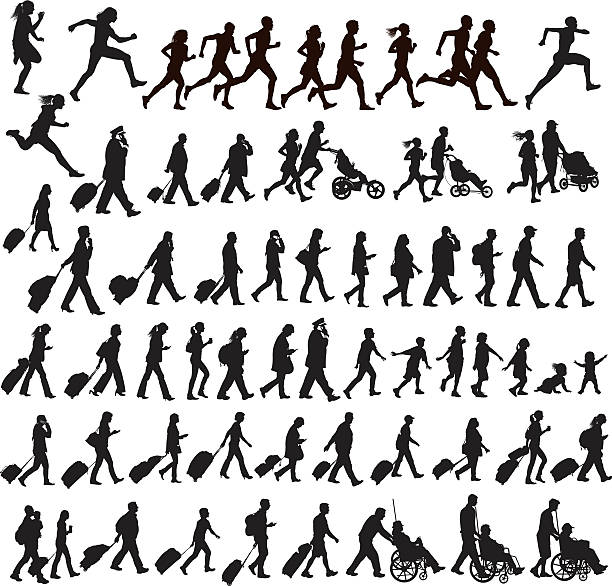 People Moving - walking, running, traveling, crawling, jogging, exercising, talking Graphic silhouette illustrations of People Moving - walking, running, traveling, crawling, jogging, exercising, talking. Scale to any size. Check out my "Fitness, Exercise & Running” light box for more. running silhouettes stock illustrations