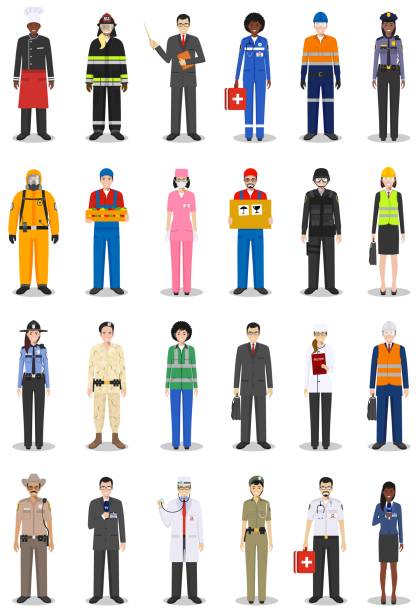 People occupation characters set in flat style isolated on white background. Different men and women professions characters standing together. Templates for infographic, sites, social networks. Vector People occupation characters set in flat style isolated on white background. Flat vector icons on white background. Templates for infographic, sites, banners, social networks. Vector illustration. military clipart stock illustrations