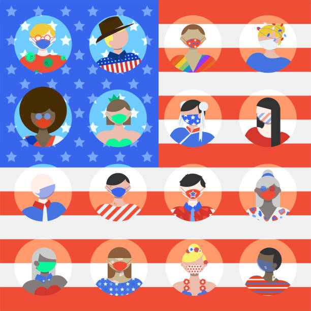 People of America Avatar Icons in Wearing Face Masks People of America Avatar Icons for the American holidays. Protective face masks optional - easy to edit. 16 Different People/Diverse group of people (Such as Statue of Liberty girl, cowboy, Chinese-American, African-American, gay/lesbian etc.) Icon Set. Vector. Isolated on American flag background. martin luther king jr day stock illustrations