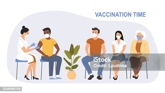 istock People of different ages are sitting in line. Woman in face mask getting vaccinated against Covid-19. Vector flat style cartoon illustration 1338989700