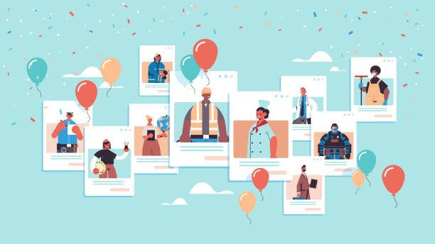 people of different occupations celebrating labor day mix race men women in web browser windows people of different occupations celebrating labor day mix race men women in web browser windows online communication self isolation concept portrait horizontal vector illustration labor day stock illustrations