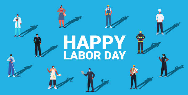 people of different occupations celebrating labor day mix race workers wearing masks to prevent coronavirus people of different occupations celebrating labor day mix race workers wearing masks to prevent coronavirus pandemic full length horizontal isometric vector illustration labor day stock illustrations