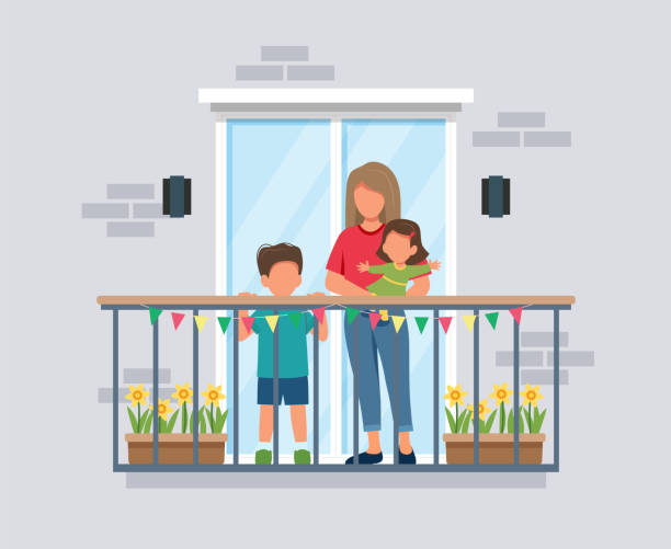 ilustrações de stock, clip art, desenhos animados e ícones de people on balcony, mother with kids, coronavirus concept. stay at home during epidemic. cute vector illustration in flat style - family modern house window