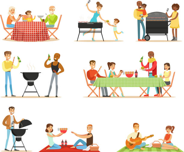 People On BBQ Picnic Outdoors Eating And Cooking Grilled Meat On Electric Barbecue Grill Set Of Scenes People On BBQ Picnic Outdoors Eating And Cooking Grilled Meat On Electric Barbecue Grill Set Of Scenes. Families And Friends Eating Together In The Park In The Summer Different Fried Food. party social event stock illustrations