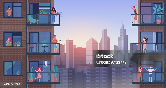 istock People on city balcony during quarantine vector illustration, cartoon flat man woman characters in medical masks stay home, enjoy panoramic urban cityscape 1249763893