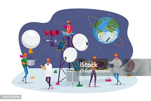 istock People on Meteorological Station Concept. Tiny Male and Female Characters around of Tower, Satellite at Earth Orbit. Workers Set Up Equipment and Probe for Weather Control. Cartoon Vector Illustration 1255725494