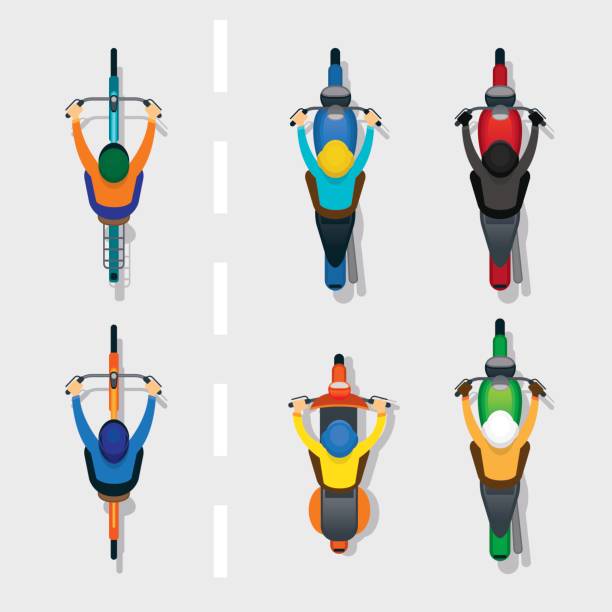 People on Motorcycles and Bicycles Top or Above View on the Road, Automobile and Transportation high angle view stock illustrations