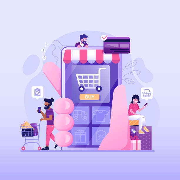 People on Online Mobile Shopping Flat Concept People shopping online concept with happy customers buying and making payments with smartphones. Internet digital store scene with man and woman on shopping. E-commerce advertising illustration. e commerce stock illustrations