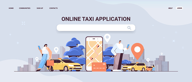 people ordering automobile with location mark in mobile app online taxi app transportation service concept