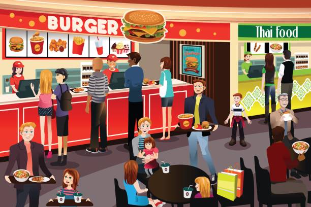 People Ordering Food in Food Court vector art illustration