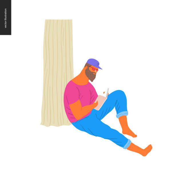 People park festival picnic People park festival picnic - flat vector concept illustration of a big young bearded man wearing jeans, t-shirt and peaked cap sitting on the ground leaning against a tree trunk and reading a book drawing of family picnic stock illustrations