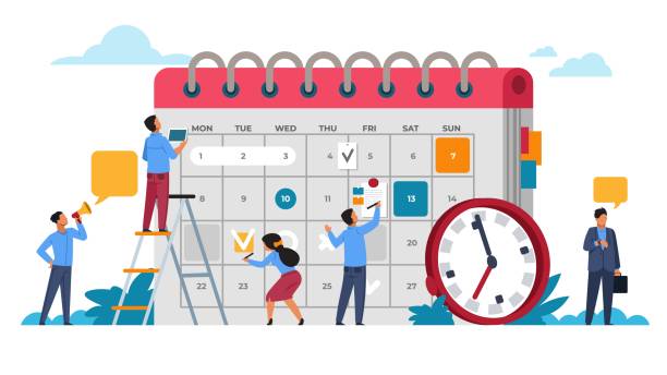 People planning concept. Entrepreneurship and calendar schedule planning. Vector business meeting and events organizing People planning concept. Entrepreneurship and calendar schedule planning with filling course campaign. Vector illustrations business meeting and events organizing process office working calendar patterns stock illustrations