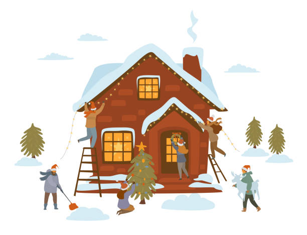 people preparing for christmas celebration, decorating house, trees, entrance door, yard with stars xmas lights garlands and wreaths, isolated vector illustration scene  christmas lights house stock illustrations