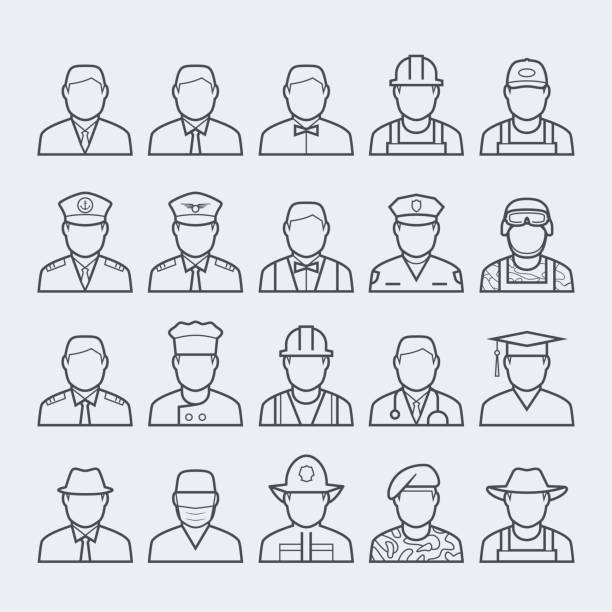 People professions and occupations icon set in thin line style #1  police hat stock illustrations