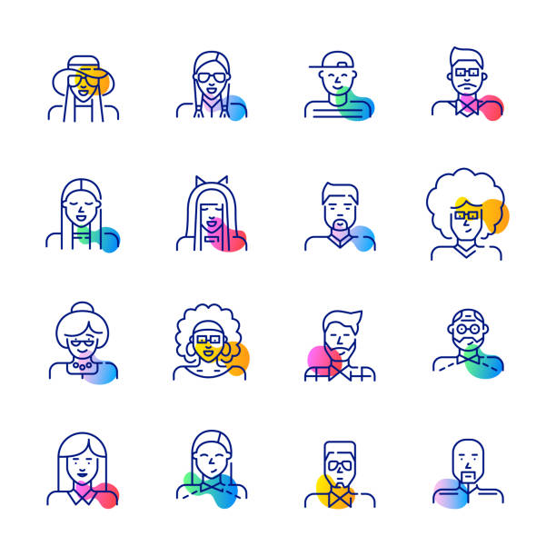 People profile pictures fun geometric color icons set. Hair, gender and age diversity. Pixel perfect, editable stroke icons vector art illustration