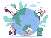istock People protecting environment, take care about earth. Ecology protect, volunteers planting and cleaning environment vector illustration. Nature protect concept 1333033027