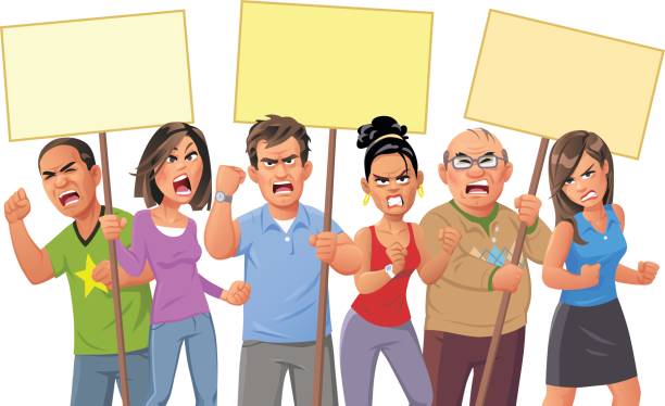 People Protesting Vector illustration of an angry crowd of diverse people on a protest rally, isolated on white. They are screaming, raising their fists and holding up signs. Concept for protest, politics, opposition, activism and social issues. angry crowd stock illustrations