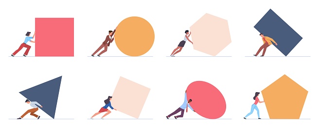 People pushing big shapes. Tiny men and women push different pieces. Business metaphor. Hard difficult work. Perseverance and overcoming. Isolated persons move geometric bright figures, vector set