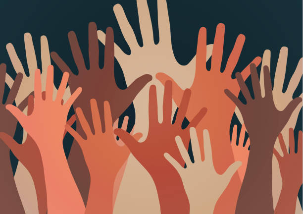 사람들은 손을 들고 손으로 투표합니다. 다국적, 다양성, 연합 및 권력의 개념. 자원봉사, 자선, 기부 및 연대. - 대조 stock illustrations